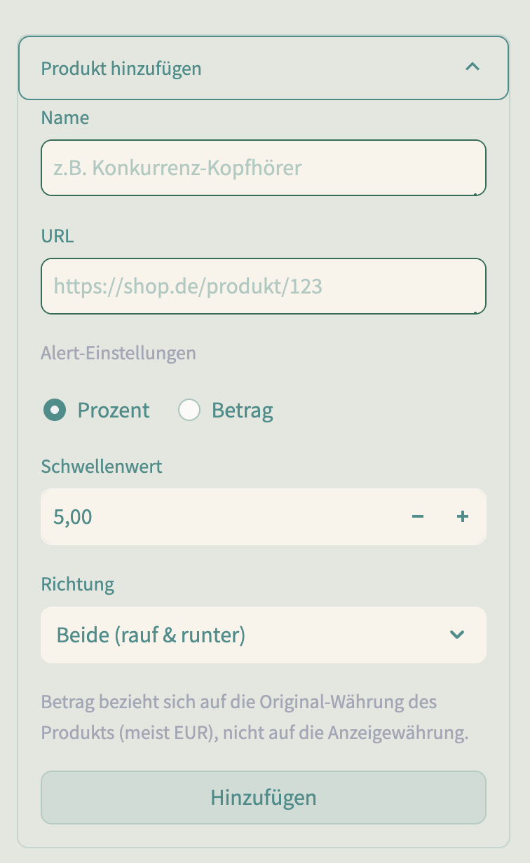 Preisalarm in Preisblick einrichten: Formular